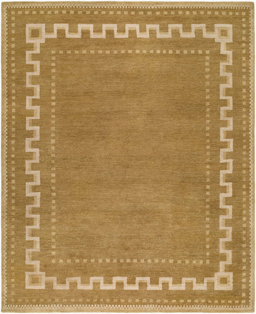 Close-up of hand-knotted Chinantla Area Rug in sandstone and ivory. Features a geometric Greek key border. 100% NZ Wool. Design-Rectangle-810