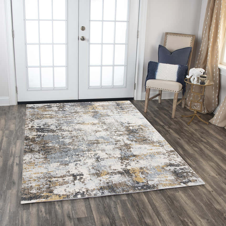 Entryway with Rizzy JAS732 area rug. Abstract design in beige, black, blue, dark red, and ivory. Modern, stylish decor. Roomscene-Rectangle