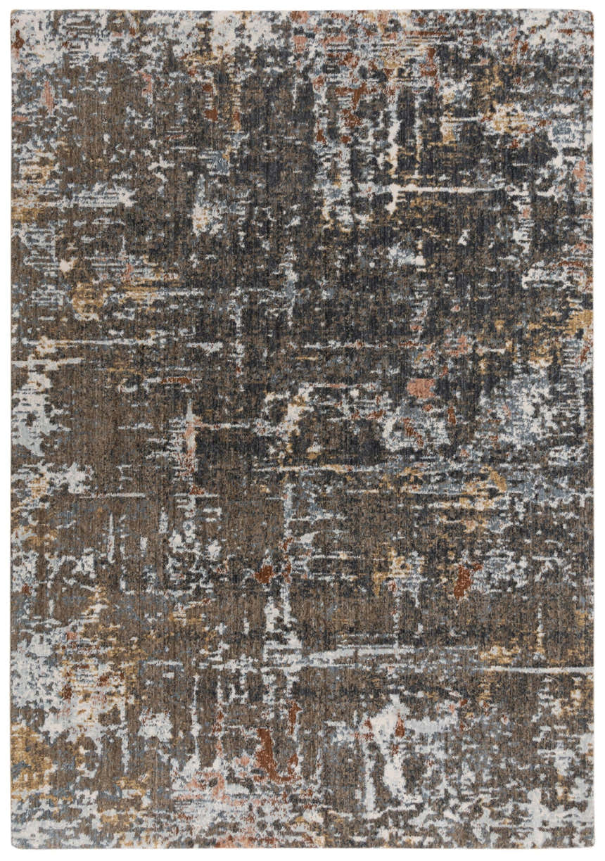 Close-up of the abstract Rizzy JAS738 area rug. Dark red, gray, brown, and white distressed pattern. Machine woven recycled polyester. Design-Rectangle