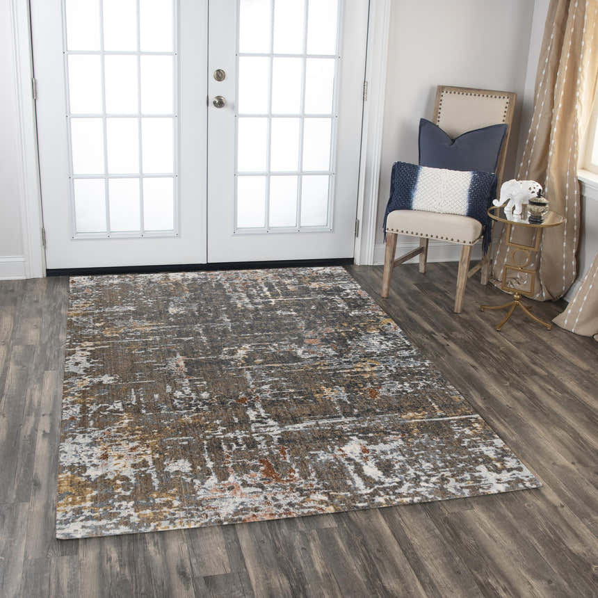 Entryway with Rizzy JAS738 area rug in dark red and gray. Abstract rug on gray wood floors near white French doors. Roomscene-Rectangle