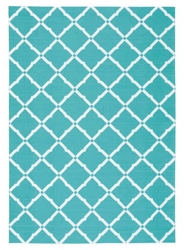 Close-up of Nourison Home & Garden Aqua Contemporary Area Rug with white geometric trellis pattern.