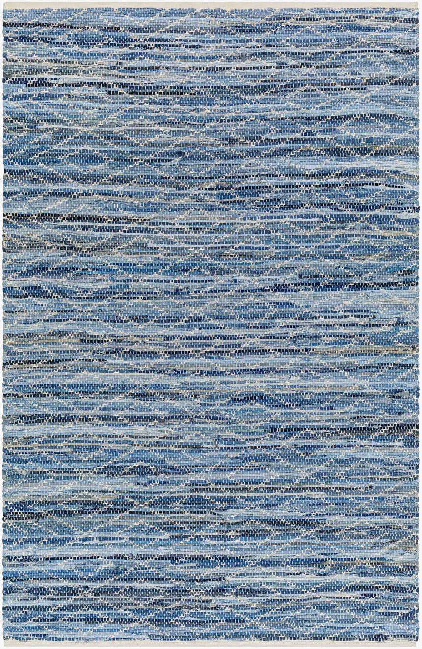 Close-up of the hand woven Gurit Blue Area Rug. Features horizontal stripes of blue, gray, and white recycled fabric. Design-Rectangle-576