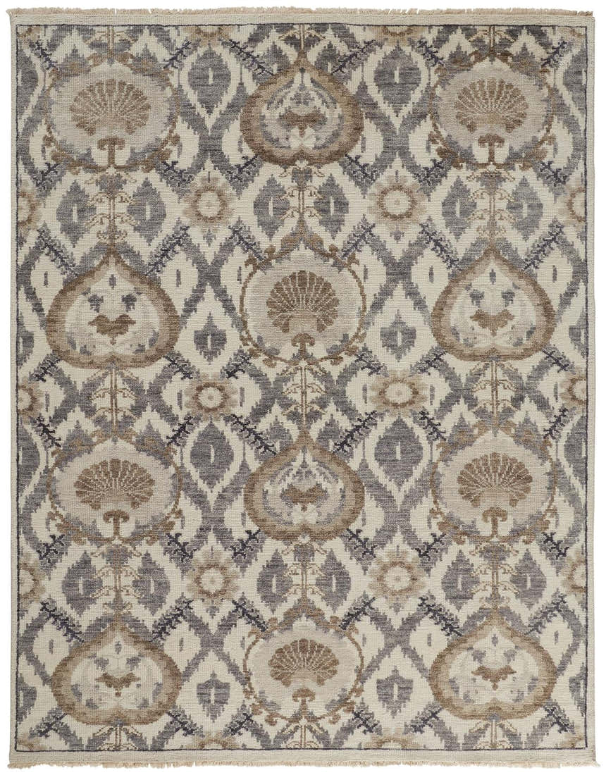 Close-up of the Feizy Beall Traditional Oriental rug. Ivory background with gray, taupe, and floral medallion pattern. Design-Rectangle