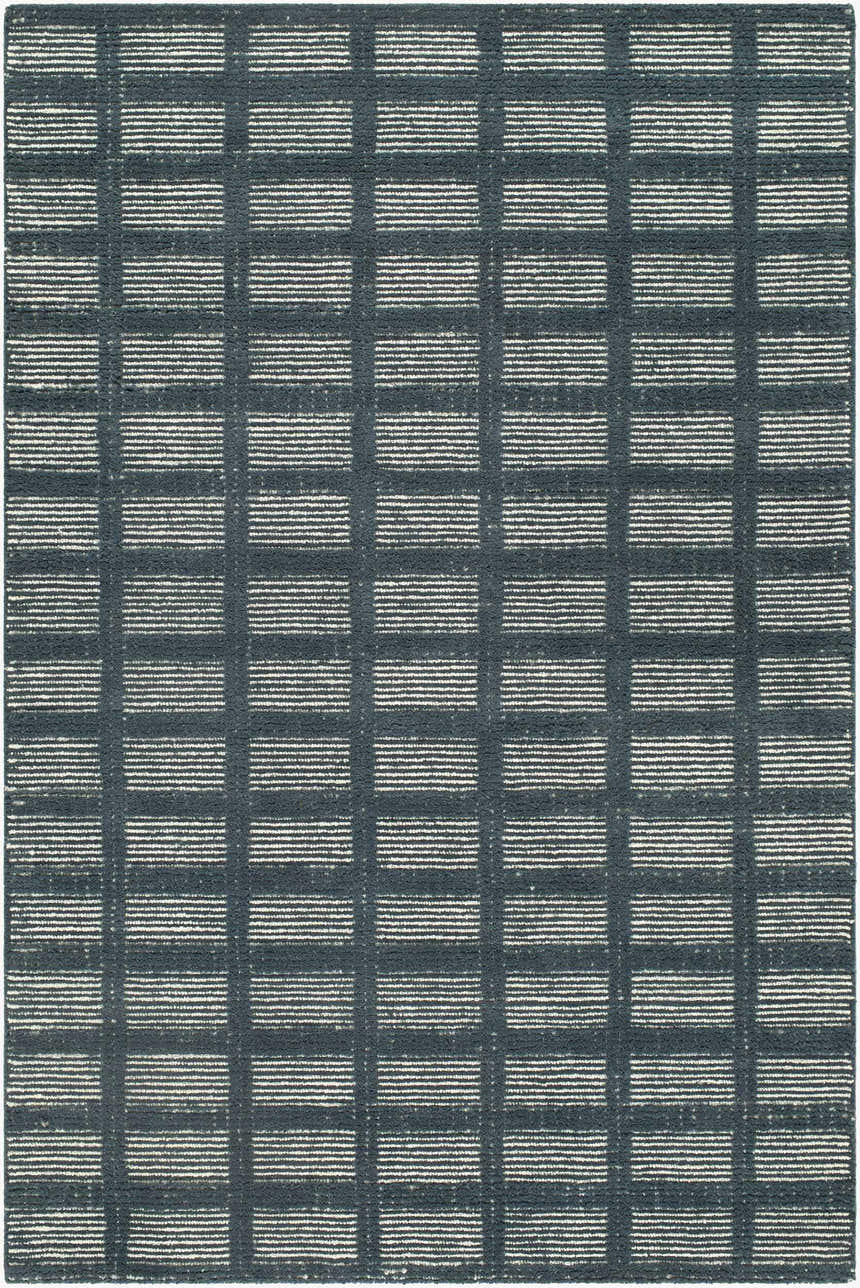 Close-up of the Pumoma Modern Minimalist Handmade Area Rug. Charcoal and ivory striped pattern in a rectangular shape. Design-Rectangle-576