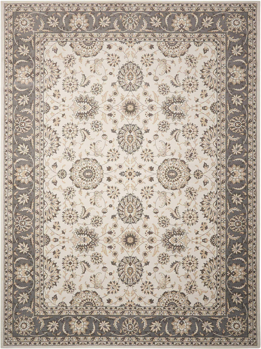 Close-up of the Nourison Persian Crown Ivory/Grey area rug, showcasing its floral Persian pattern and grey border.