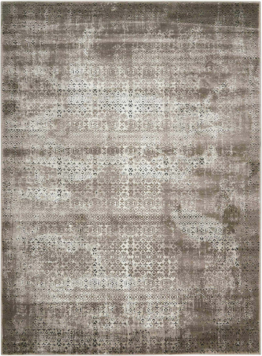 Close-up of the Nourison Karma Ash Vintage Indoor Area Rug, showcasing its distressed pattern and neutral ash tones.