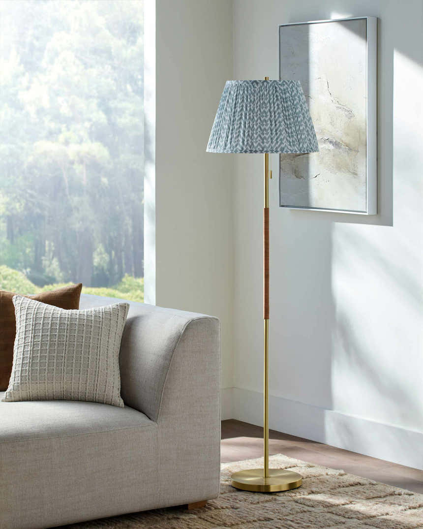 Tan Traditional Floor Lamp with linen details for living rooms or reading corners