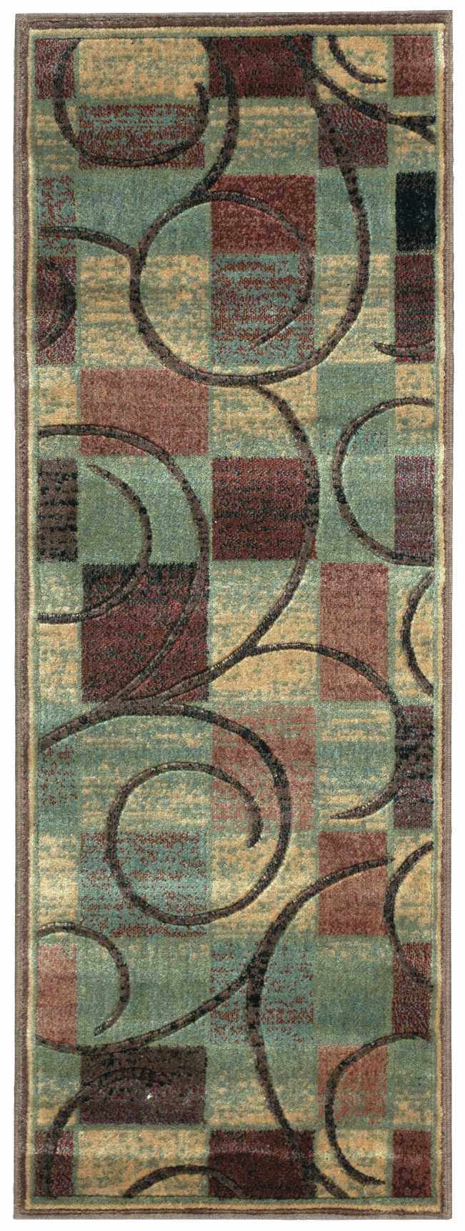 Close-up of Nourison Expressions Brown Modern Indoor Area Rug featuring geometric and swirl patterns in brown, green, and beige.