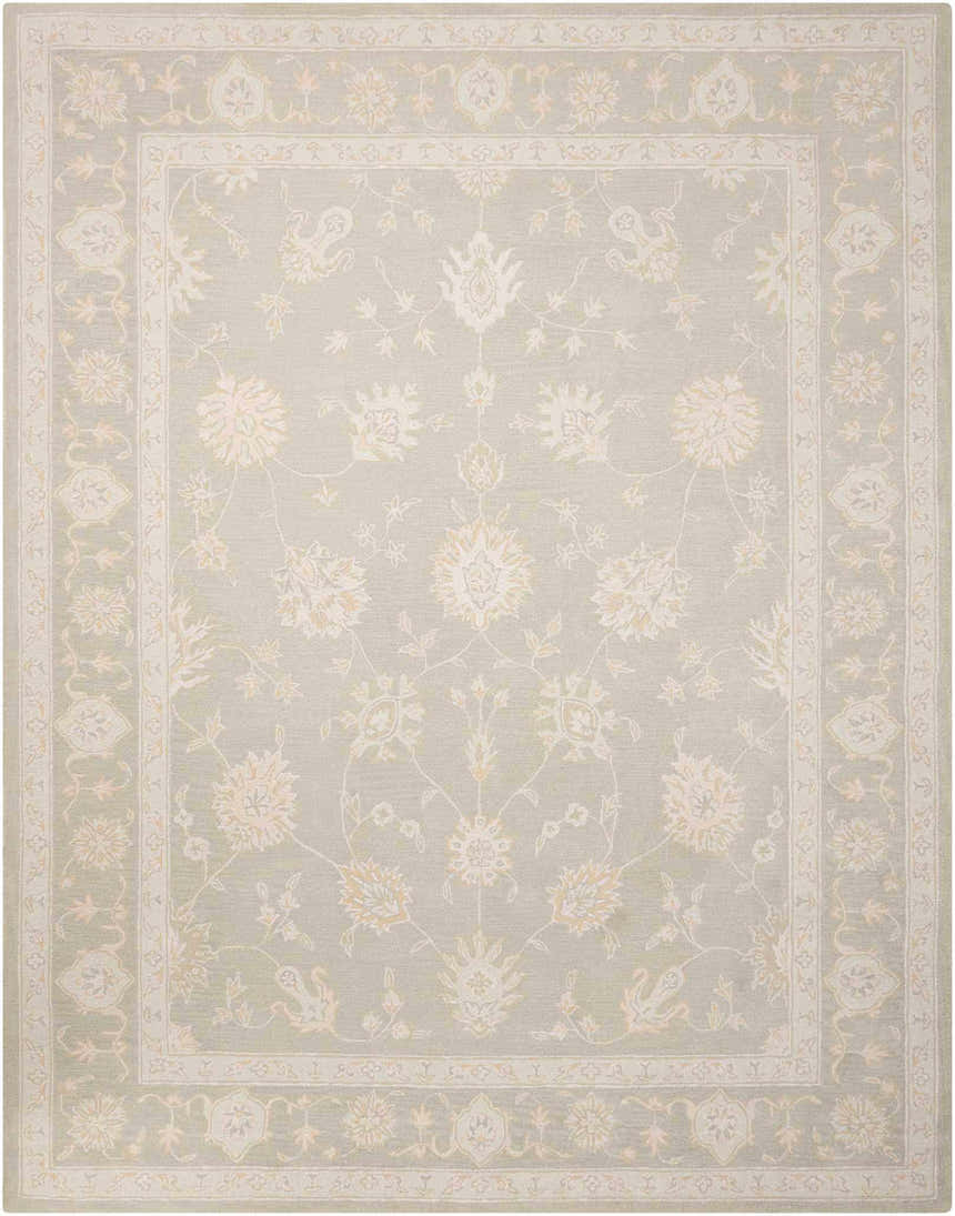 Handmade Nourison Zephyr Silver Gray rug. Wool rug with floral pattern and traditional border design. Rectangle shape.