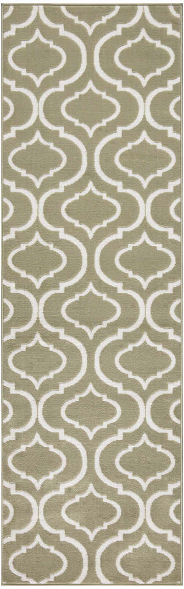 Close-up of the Nourison Jubilant Olive rug. Features a contemporary white trellis pattern on an olive green background.