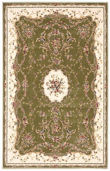 Close-up of Nourison Bordeaux Sage Aubusson Area Rug featuring a floral design in muted sage, charcoal, and cream.