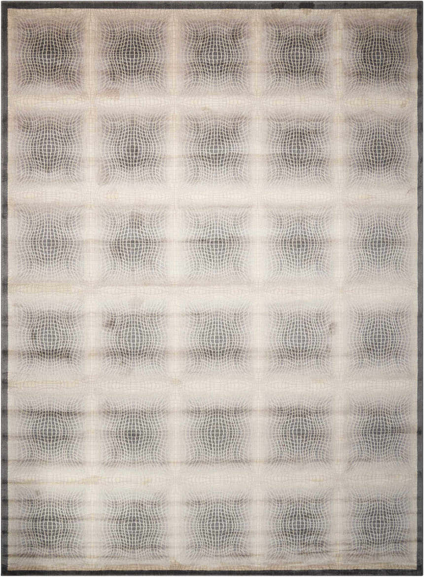 Close-up of Nourison Utopia Shell rug, featuring a modern, grid-like pattern in shell and gray tones. Mid-century modern style.