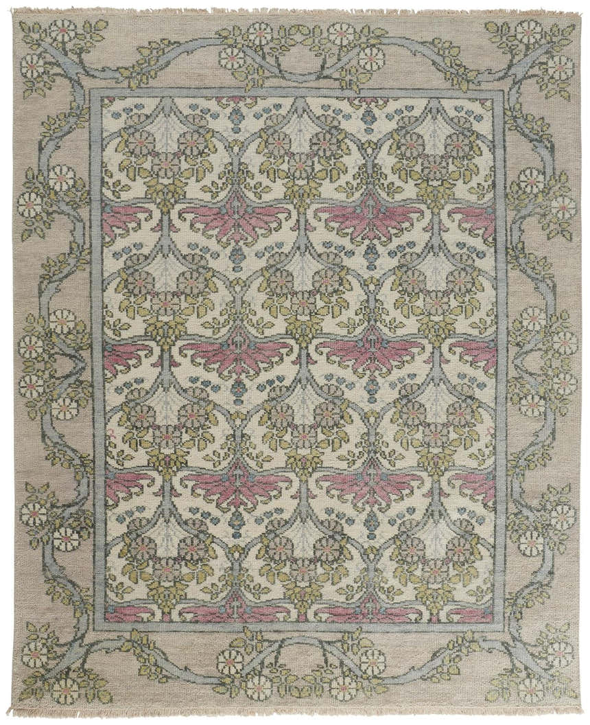 Close-up of Feizy Beall rug. Traditional floral design in ivory, pink, and green with botanical border on a hand-knotted wool rug. Design-Rectangle