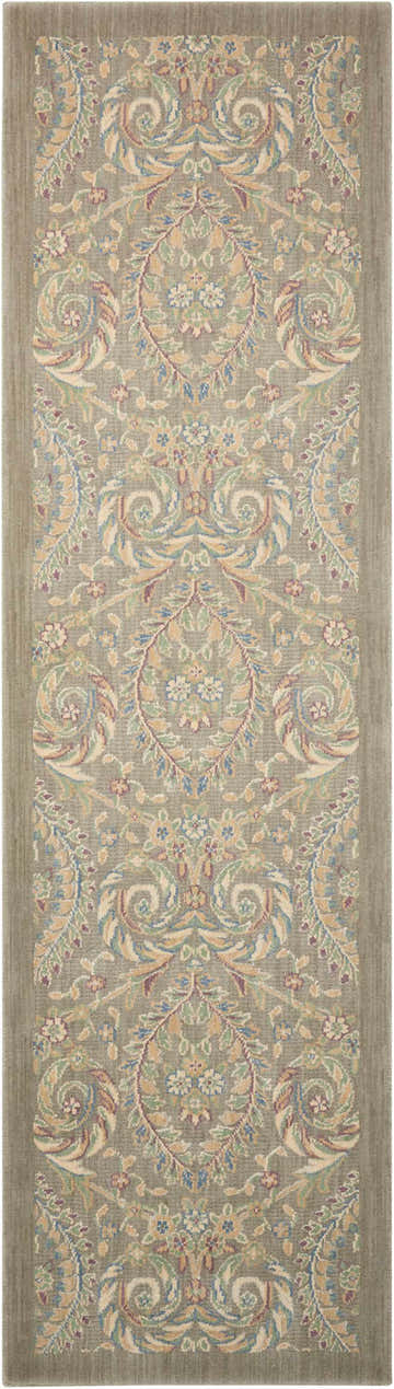 Close-up of the Barclay Butera Hinsdale Feather rug. Features a floral pattern in feather, beige, blue, and green tones.