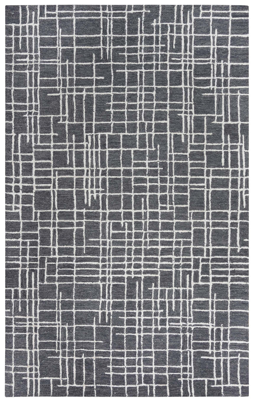 Close-up of Rizzy JZZ971 area rug. Gray wool rug with ivory geometric grid pattern. Hand-tufted contemporary style. Design-Rectangle