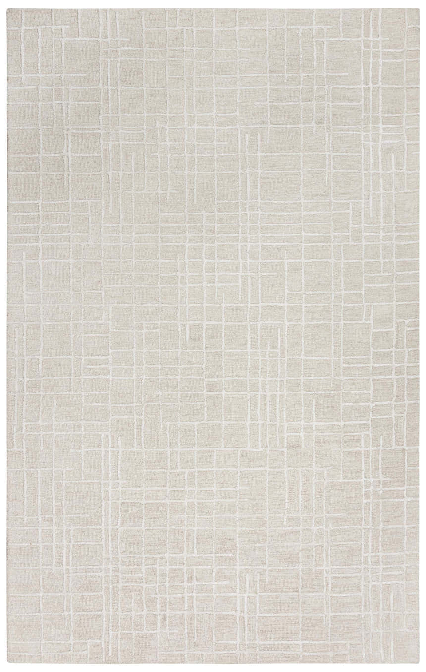 Close-up of the ivory Rizzy JZZ973 area rug. Hand-tufted wool rug with a contemporary, abstract grid pattern. Design-Rectangle