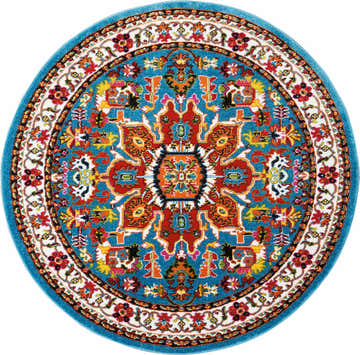 Round Nourison Oakdale Blue Vintage Area Rug. Features a floral pattern in light blue, red, orange, and yellow.