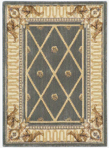 Close-up of Nourison Ashton House Blue Vintage rug. Features diamond pattern, floral accents, and ornate border.