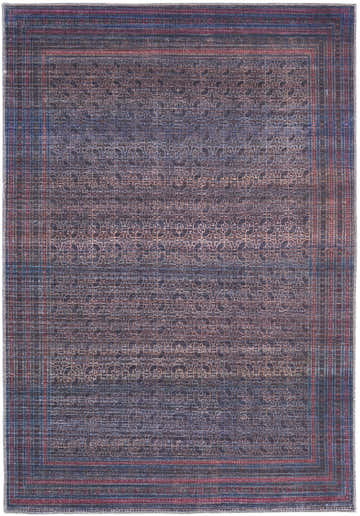 Feizy Voss transitional rug with a distressed geometric pattern in blue, pink, and purple hues. Design-Rectangle