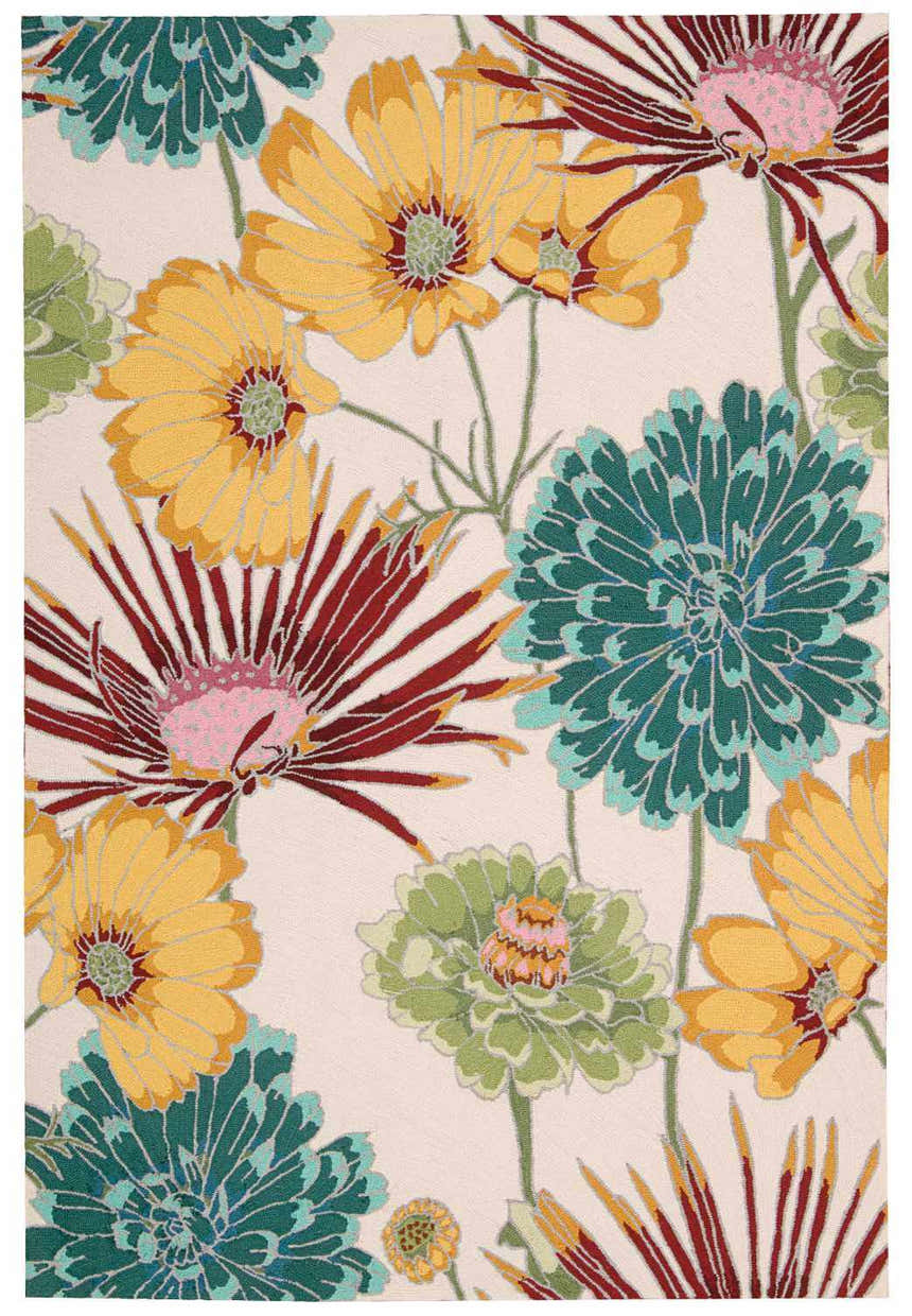 Close-up of Nourison Fantasy Ivory rug with a chestnut, yellow, teal, and green floral design. Contemporary style.