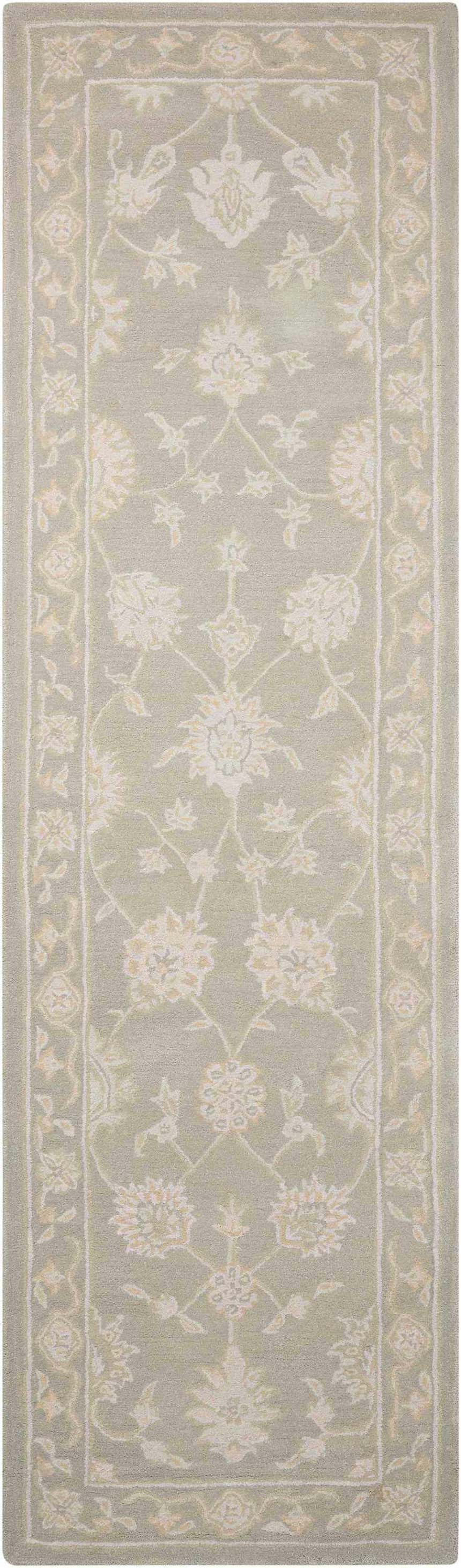 Handmade Nourison Zephyr Silver rug. Floral pattern with silver gray, cream, and peach tones. Wool runner rug.