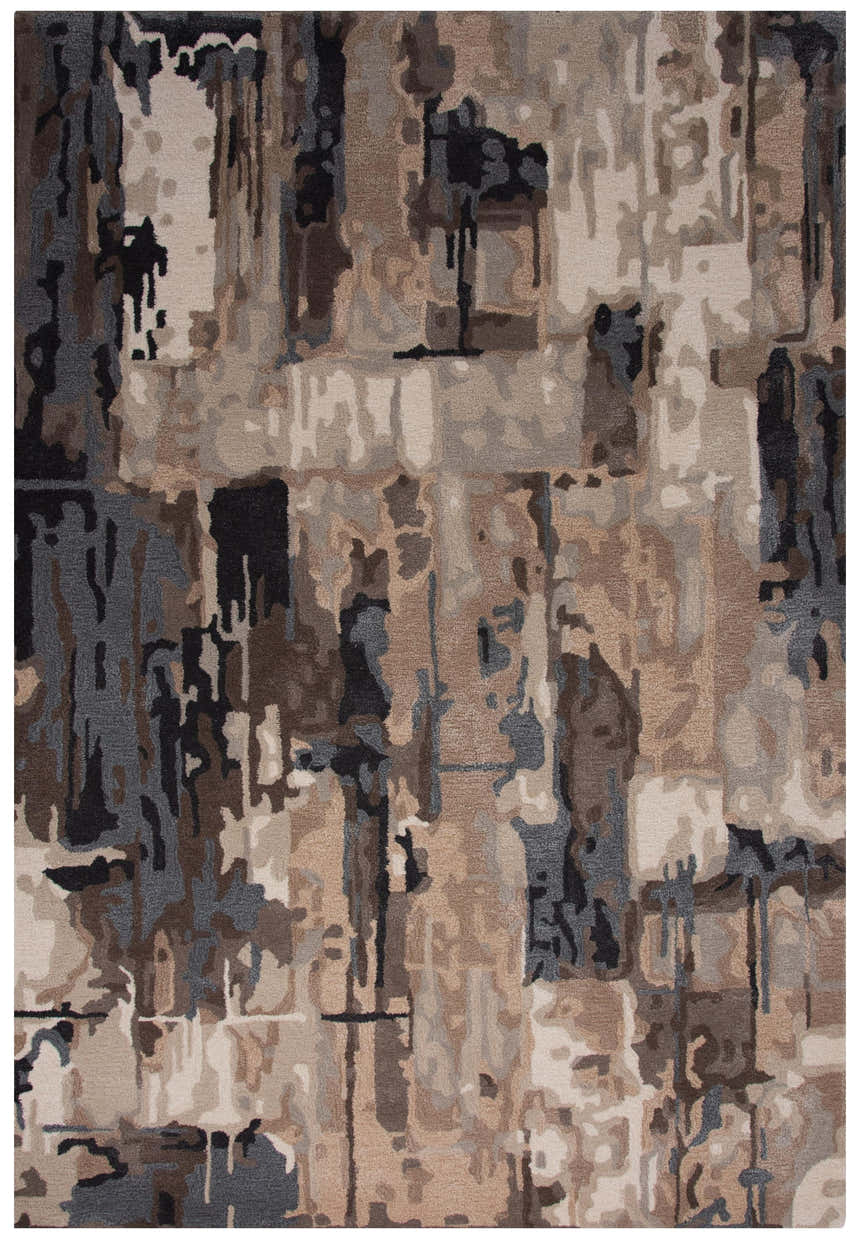 Close-up of the Rizzy KIN533 area rug. Contemporary design with beige, charcoal, brown, and gray abstract pattern. Hand-tufted texture. Design-Rectangle