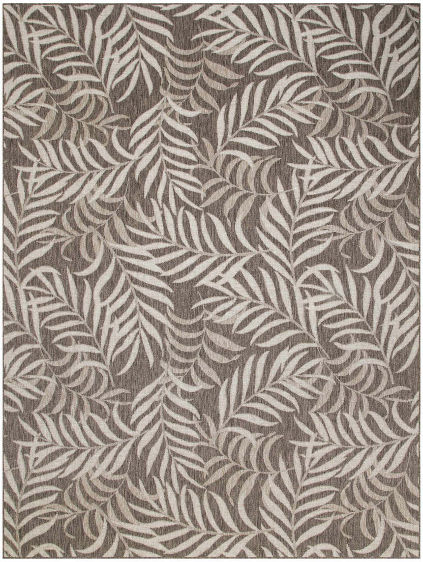 Close-up of Nourison Garden Oasis Mocha Tropical Area Rug featuring a light brown palm leaf pattern.
