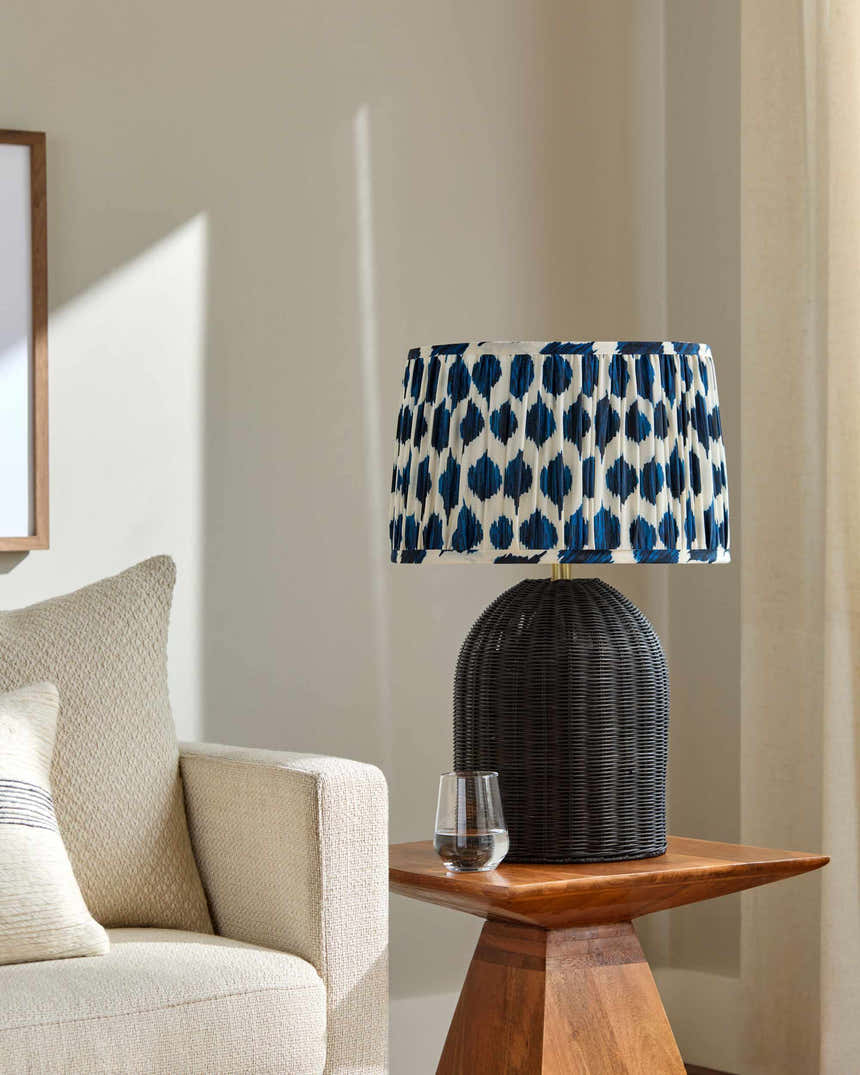 Deep Aqua Blue Bohemian Table Lamp with global details for bedside or console tables