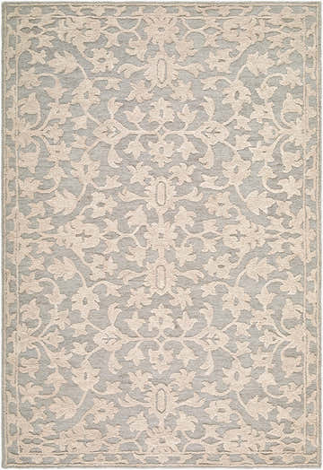 Close-up of the Hiromi Cugydu rug. Hand-tufted wool rug in beige, cream, and taupe with a traditional floral pattern. Design-Rectangle-576