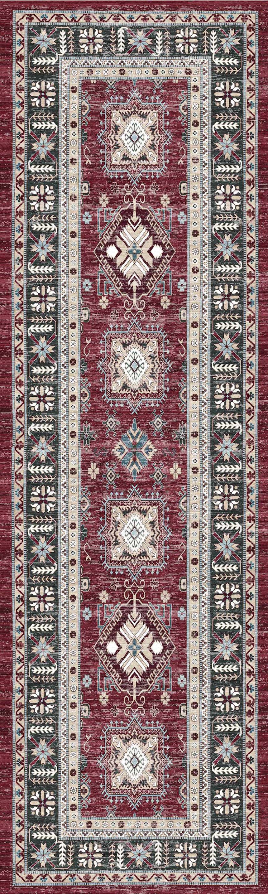Detailed Nourison Fulton Red Vintage Area Rug featuring geometric patterns and a distressed, timeless design.