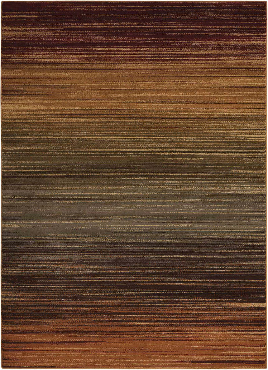 Close-up of the Nourison Paramount Multicolor Painterly Area Rug, featuring a horizontal striped pattern in brown, gold, and tan hues.