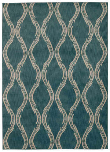 Close-up of the Nourison Tranquility Aqua rug featuring a wavy, off-white pattern on a textured, teal background.