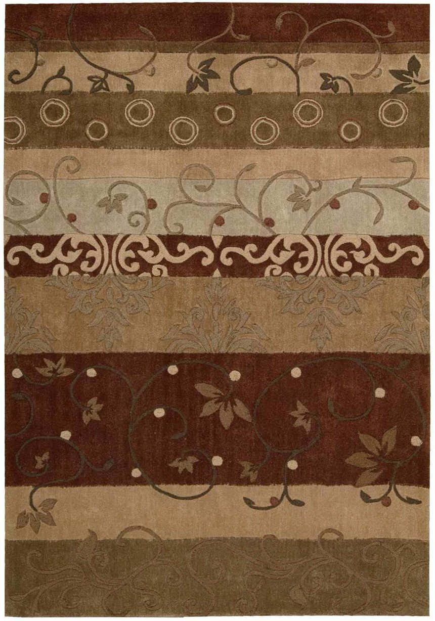 Close-up of the Nourison Contour Multicolor rug featuring stripes, florals, and circle patterns in brown, beige, and green tones.