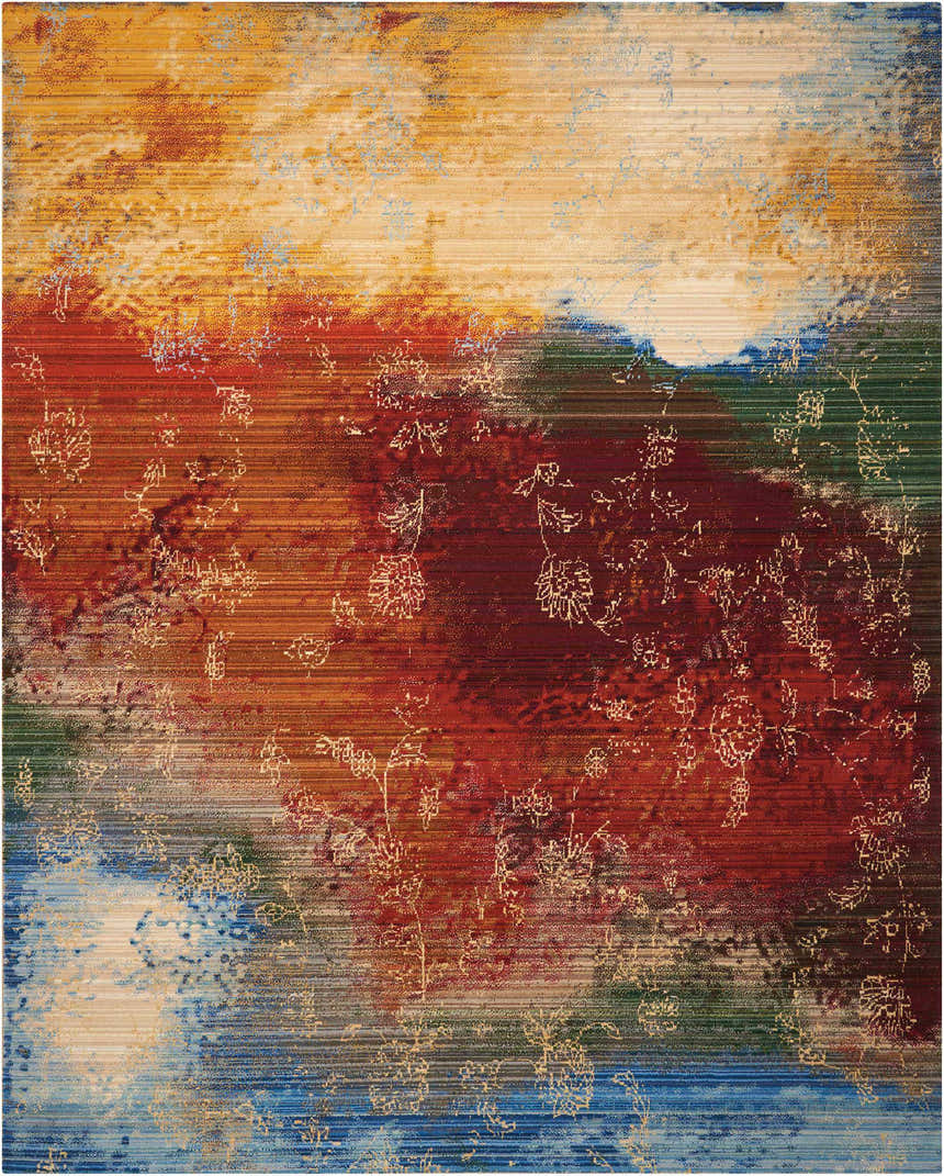 Abstract Nourison Rhapsody Autumn area rug with red, gold, blue, and green hues and subtle floral pattern.