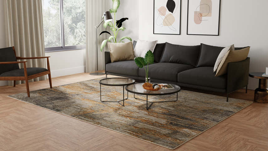 Living room with gray sofa and Feizy Jaxson Gray/Tan/Ivory rug. Abstract pattern on wood floor. Roomscene-Rectangle