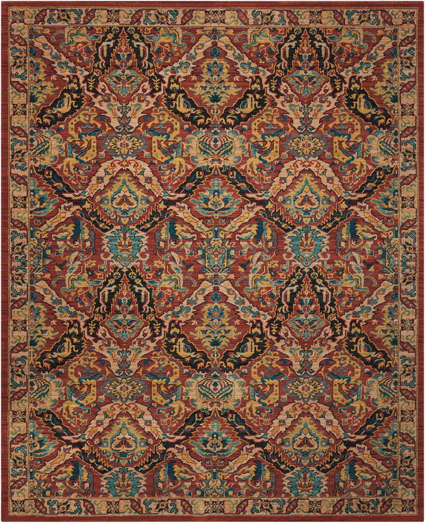 Close-up of Nourison 2020 Terracotta Rug. Traditional design in burnt orange, gold, teal, and black. Farmhouse style.
