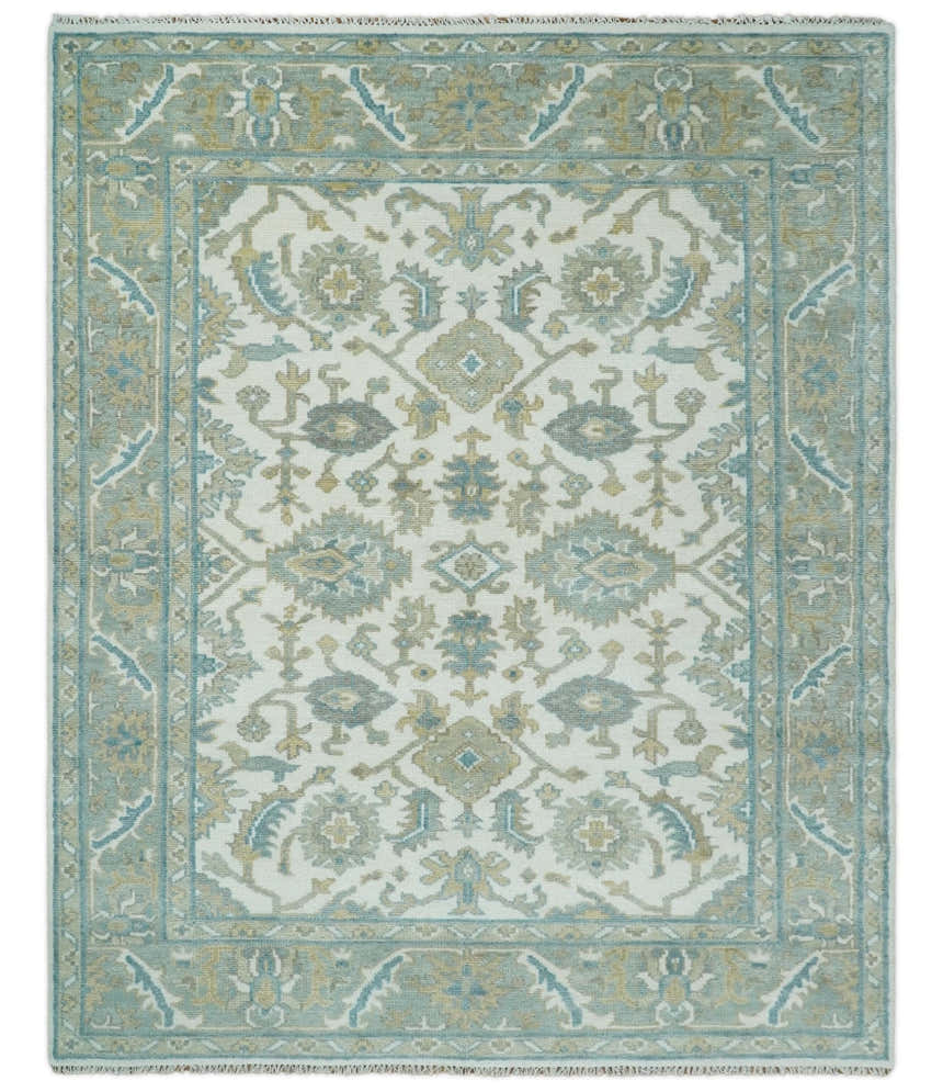 Hand Knotted Oriental Oushak Teal, Ivory and Beige Custom Made Wool Area Rug