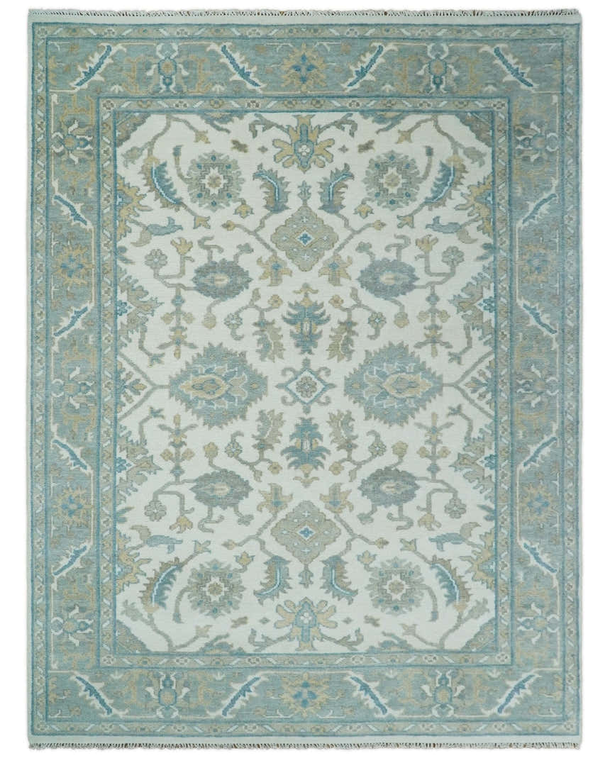 Hand Knotted Oriental Oushak Teal, Ivory and Beige Custom Made Wool Area Rug