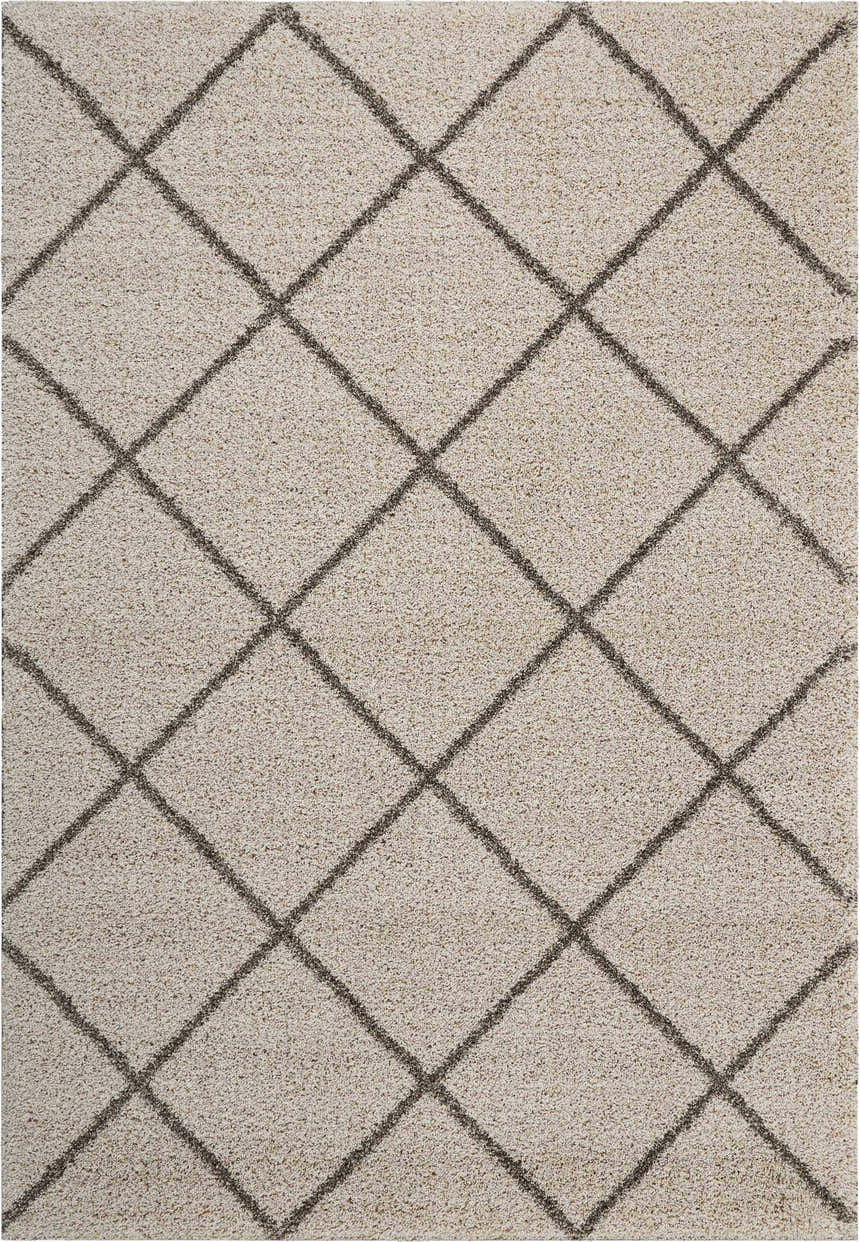 Close-up of Nourison Brisbane Cream Shag rug. Soft, textured pile with a subtle diamond pattern. Perfect neutral accent.