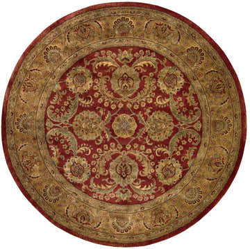 Close-up of round Nourison Jaipur Burgundy Persian rug. Floral design in burgundy, gold, and green. Handmade wool rug.