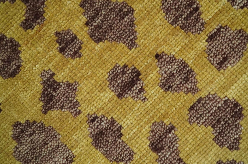 Leopard Design Mustard and Dark Plum Hand Knotted Custom Made wool area rug