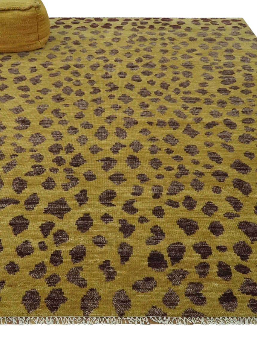 Leopard Design Mustard and Dark Plum Hand Knotted Custom Made wool area rug