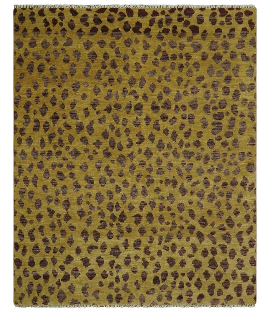 Leopard Design Mustard and Dark Plum Hand Knotted Custom Made wool area rug