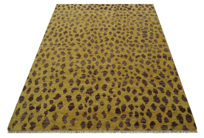 Leopard Design Mustard and Dark Plum Hand Knotted Custom Made wool area rug