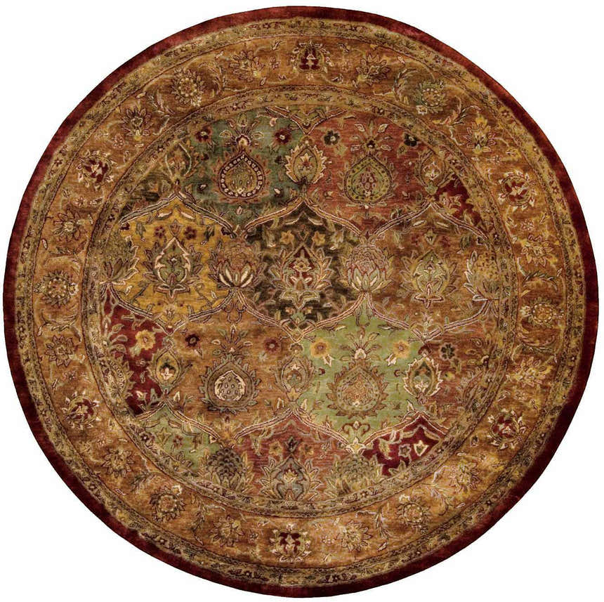 Detailed multicolor floral pattern on a round Nourison Jaipur Persian wool area rug.