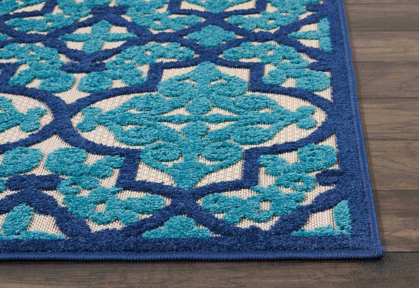 Close up of the Nourison Aloha Navy Bohemian Area Rug showing the texture and pattern.