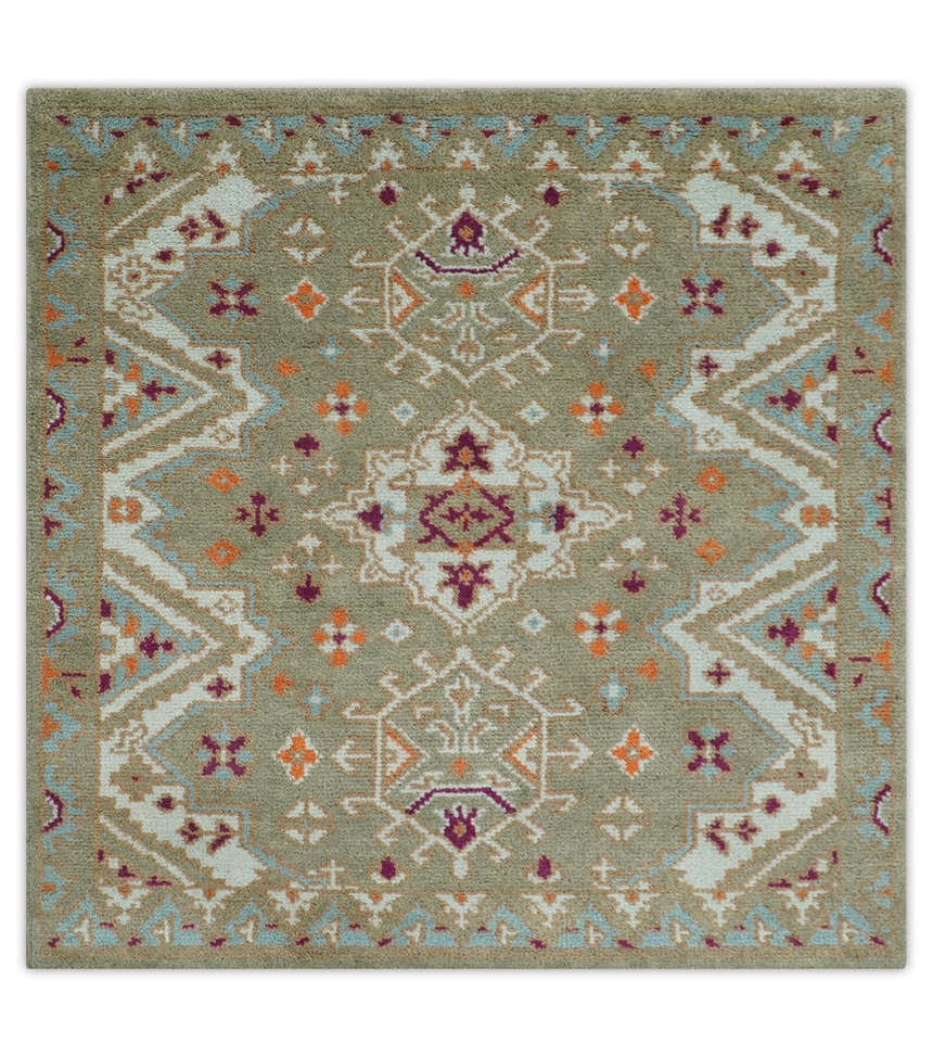Light Green, Ivory and Maroon Traditional Hand knotted Custom Made wool Area Rug
