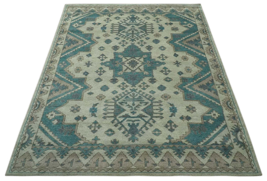Light green, Teal and Charcoal Traditional Hand Knotted Custom Made wool Area Rug