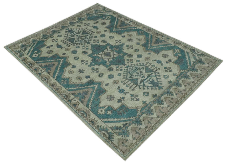 Light green, Teal and Charcoal Traditional Hand Knotted Custom Made wool Area Rug