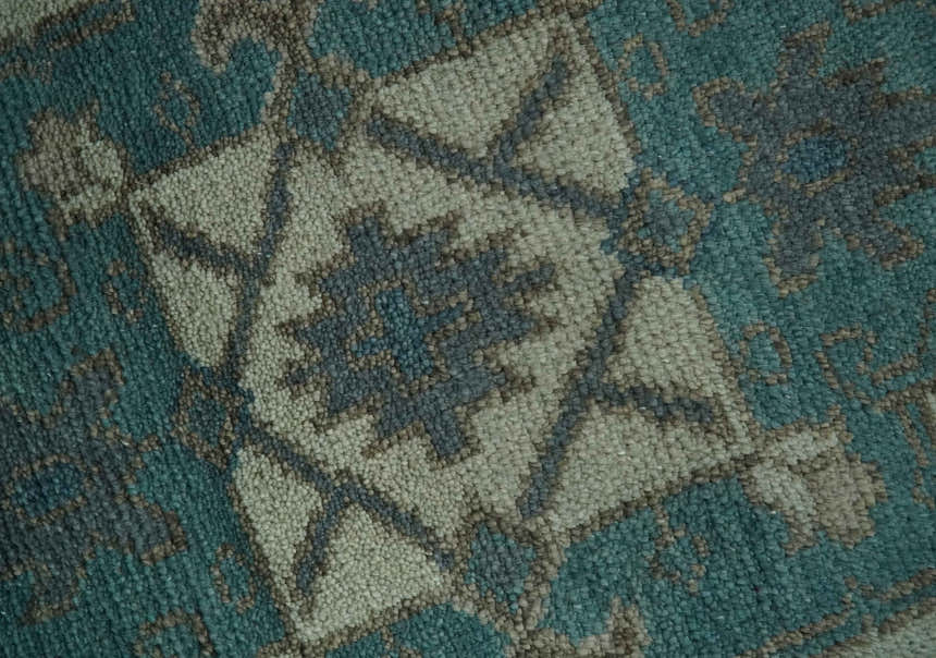 Light green, Teal and Charcoal Traditional Hand Knotted Custom Made wool Area Rug